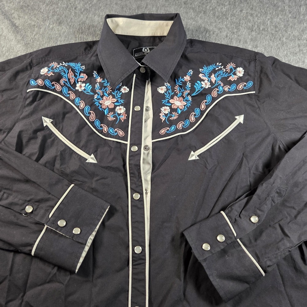Salvaje Oeste Shirt Mens 2XL Black Western Pearl Snap Embroidered Floral Piped